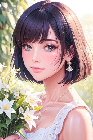 ((Top Quality, ​Masterpiece)), original photography, 8k, top quality, super high resolution, beautiful face, every detail, realistic human skin, gentle expression, front view, color々from one angle, ( Bob hair: 1.5), realistic, realistic, cute little, Chis, bouquet, white dress, a necklace, bangs,
information