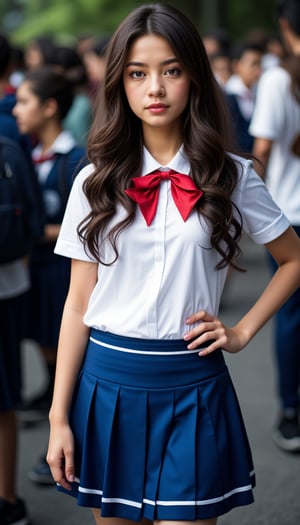 a young woman stands with her left hand on her hip. She is dressed in a blue and white school uniform, adorned with a blue skirt, a white stripe down the middle, and a red bow tie. Her hair is long and cascades down her shoulders, adding a touch of movement to her face. The background is blurred, suggesting a crowd of people in the background.