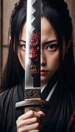 A cinematic close-up captures the intense gaze of a fierce Japanese female warrior as she holds a katana vertically in front of her face. The reflective surface of the sword's 1.3-meter long blade reveals an ancient mythical demon's menacing visage (1.6) amidst tiny, finest details that seem to shimmer like diamonds. Anime-style brushstrokes bring forth a masterpiece of bold lines and vibrant colors, with the warrior's fierce determination and the demon's haunting presence taking center stage.,SH