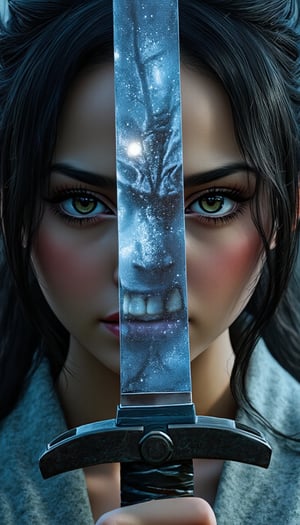 A cinematic close-up captures the intense gaze of a fierce Japanese female warrior as she holds a katana vertically in front of her face. The reflective surface of the sword's 1.3-meter long blade reveals an ancient mythical demon's menacing visage (1.6) amidst tiny, finest details that seem to shimmer like diamonds. Anime-style brushstrokes bring forth a masterpiece of bold lines and vibrant colors, with the warrior's fierce determination and the demon's haunting presence taking center stage.