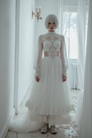 1 woman, solo, yorha_no._2_type_b, short hair, white hair, mole, mole under mouth, wedding dress, standing, facing the viewer, face full of fear, in pain, wide angle shot, full body shot, boots