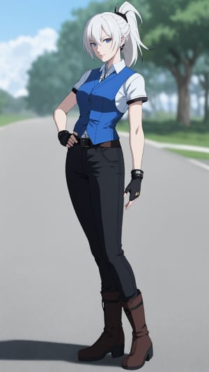 jett \(valorant\), anime, masterpiece, best quality, ultra detailed, Beautiful tall girl, frecles, pale skin, white hair, ponytail, bangs, fingerless gloves, official alternate costume, blue shirt, black pants, full body, gloves, armlet, vest, disheveled hair, leather boot, slim, (valorant)