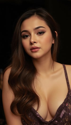 a young woman with long dark brown hair, beautiful young woman wearing fabric dress, dark background, perfect lighting