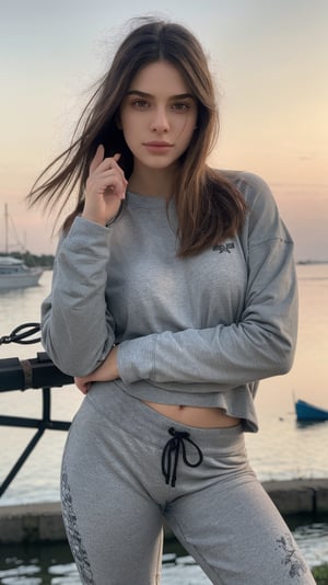 a expressive woman,Blunt bob,Brunette,Athleisure Comfy sweatpants in a soft grey fleece material.,claw pose,,Calm sky with sailboats on the horizon,Middle Ages,Grunge style Textured distressed vintage edgy punk rock vibe dirty noisy,style by Misha Gordin,bokeh professional 4k highly detailed,Fujichrome Provia 100F,split lighting