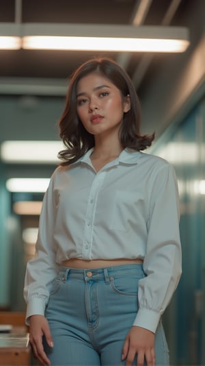 A close-up shot of a single girl, dressed in a crisp office uniform, stands confidently in front of a sleek office bench. The bright fluorescent lighting above casts a warm glow on her professional attire, highlighting the stitching and creases. Her pose is strong and assertive, with one hand resting lightly on the edge of the bench as she looks directly at the camera.