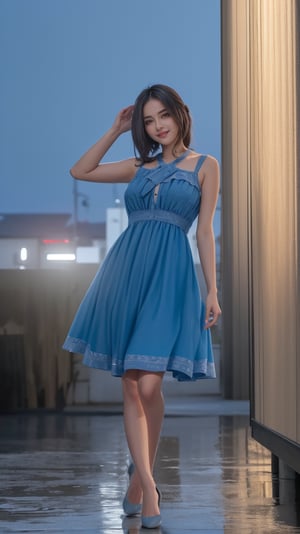 masterpiece, highest quality, 8k high quality photo, cinematic lighting, deep shadow, 1girl, gorgeous face, fearless smile, smooth soft parl skin, light-blown medium wavy hair, looking into camera, (standing on european street), model posing, front view,((cowboy shot)), (sundress:1.2), at late night, ((night:1.5))