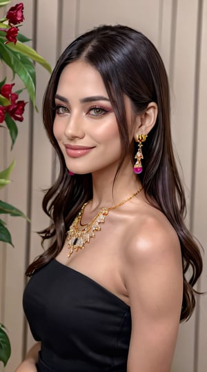 (best quality, masterpiece, ultra detailed, 8K, RAW photo), absuredres, a beautiful student model holding a sparrow, long black chignon with blunt bangs, azure outfit,grey eyes,parted greasy lips,kind smile,intricate jewelry,necklace,earrings, bliss, joyful, floral background,vibrant color, colorful,