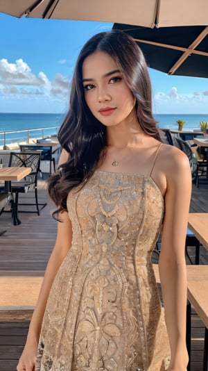 (8k, RAW photo, best quality, depth of field, ultra high res:1.2), (intricate, photorealistic, masterpiece, ultra-detailed), dynamic lighting, a woman in an outdoor restaurant overlooking the ocean, table has food and drinks, candles, vibrant colors, she is styling with a Hawaiian dress, detailed expressive eyes, bright mood lighting,
