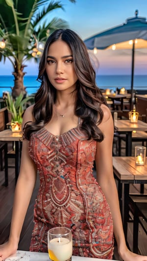 (8k, RAW photo, best quality, depth of field, ultra high res:1.2), (intricate, photorealistic, masterpiece, ultra-detailed), dynamic lighting, a woman in an outdoor restaurant overlooking the ocean, table has food and drinks, candles, vibrant colors, she is styling with a Hawaiian dress, detailed expressive eyes, bright mood lighting,