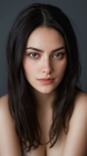 A woman's portrait on a plain dark grey background (1.2). Headshot (1.2) captures her gaze as she gazes softly into the distance. Face focus (1.1) emphasizes her features while soft focus (1.2) creates an ethereal atmosphere. Low lighting casts gentle shadows, with out-of-focus bokeh and a shallow depth of field (f1.4, 40mm). The photorealistic image is rendered in raw, 8K resolution, showcasing textured skin with visible pores and intricate details.