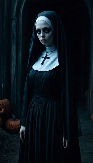 A hauntingly eerie scene: a beautiful nun, clad in a traditional nun's habit, stands ominously against a dark, foreboding backdrop. The dim lighting casts an unsettling glow on her solemn face and the folds of her black robe. Her eyes gleam with a wicked intensity as she surveys the surroundings, surrounded by an aura of Halloween mystique.,veil,black dress,cross neclace