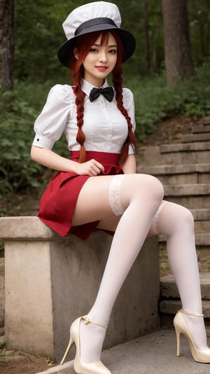 masterpiece, best quality, 1girl, lupusregina, red hair, long hair, twin braids, yellow eyes, (glowing eyes:0.5), dress, hat, maid, white thighhighs, garter belt, high Heels, sitting_on_knees , smile, looking at viewer, fullbody, outdoors, natural lighting, upusregina,lupusregina