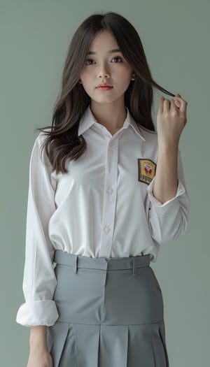 high detailed photography of a woman standing, full body portrait, from side, long hair, wearing white shirt, grey skirt, school uniform, sma, looking at viewer, octane render, ray tracing, reflex