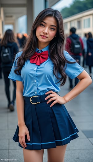 a young woman stands with her left hand on her hip. She is dressed in a blue and white school uniform, adorned with a blue skirt, a white stripe down the middle, and a red bow tie. Her hair is long and cascades down her shoulders, adding a touch of movement to her face. The background is blurred, suggesting a crowd of people in the background.