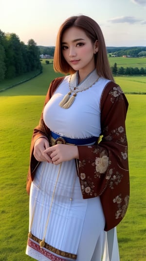 1girl, Portrait photo of a gorgeous 20yo woman, average height, innocent, parted lips, perfect body figure, narrow waist, hourglass body figure, intricate detail composition of the body, (brown hair:1.16), (layered messy medium hair:1.2), nice hands, ((wearing dutch traditional clothes:1.5)), white pantyhose, wearing heels, standing on the grass, flower park, (countryside, country house, village landscape:1.2), (morning:1.2), (golden hour:1.2), spring weather