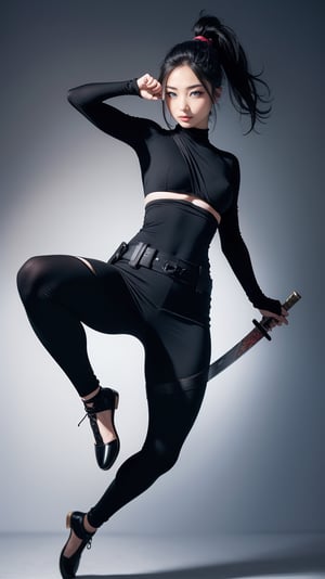 Beautiful girl fused with a spider. Kunoichi. Ninja Woman. Female Solo,holding a katana,jumping,attack