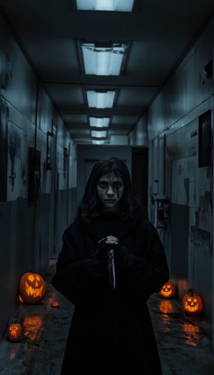 Esther Orphan: A haunting shot of Esther, veiled and cross-adorned, stands defiantly in a dimly lit corridor, fluorescent lights casting ominous shadows on walls. Her piercing eyes reflect fear and determination as she grips the knife tightly, bloodstains hinting at a troubled past. The low-angle camera emphasizes her petite stature, while jack-o'-lanterns eerily illuminate the dark corners, amplifying unease. Esther's resolute pose belies her vulnerability as she confronts the unknown terror, flashlight casting an eerie glow on her determined face.