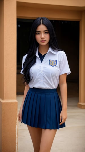 masterpiece, realistic, best quality, ultra detailed, intricate, professional photography, HDR, High Dynamic Range, (8k UHD), RAW photo, dslr, realistic LUT, cinematic LUT, perfect lighting, professional lighting, cinematic lighting, cinematic shadows, Create a cinematic, filmic image, (1girl:1.2), full body, wearing school uniform, cute, extreme detailed, (black_hair:1.1), colorful,highest detailed, facing_viewer, lightning, random color, wave hair, full_body,s3l