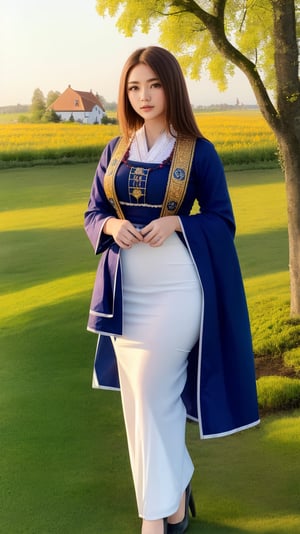 1girl, Portrait photo of a gorgeous 20yo woman, average height, innocent, parted lips, perfect body figure, narrow waist, hourglass body figure, intricate detail composition of the body, (brown hair:1.16), (layered messy medium hair:1.2), nice hands, ((wearing dutch traditional clothes:1.5)), white pantyhose, wearing heels, standing on the grass, flower park, (countryside, country house, village landscape:1.2), (morning:1.2), (golden hour:1.2), spring weather