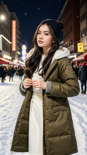 cute girl, long hair, fashion winter coat, big coat, Wear a coat over a hoodie, standing looking up snow is falling, winter night city, snowing, 4K, ultra HD, RAW photo, realistic, masterpiece, best quality, beautiful skin, white skin, 50mm, medium shot, outdoor, half body, photography, Portrait, ,chinatsumura, high fashion, snowflakes, dynamic light, warm lights, christmas lights, festival atmosphere