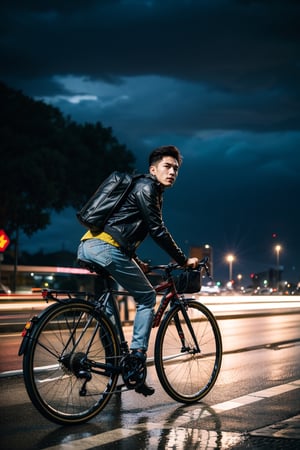 (best quality,8K,highres,masterpiece), ultra-detailed, (photo-realistic, lifelike)
Realistic, dynamic light,

It's raining heavily and the clouds are gathering,

A man, british face, wear black zipper jacket, light blue shirt, tie, dark blue trousers, yellow leather shoes, carrying a business backpack, riding a bicycle across the road, big city, main road,

full-body shot,
Super wide-angle distant photos,

The cinematic lighting adds depth and character to this outdoor photo-realistic masterpiece.