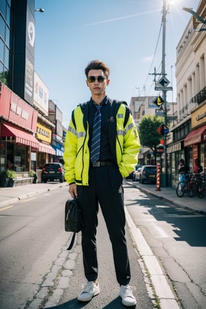 (best quality,8K,highres,masterpiece), ultra-detailed, (photo-realistic, lifelike)
Realistic, dynamic light,

A European male with brown hair and blue eyes, wearing a shirt and jacket,  british face, shirt, tie, trousers, yellow leather shoes, carrying a business backpack, road, big city, main road,
full body standing pose, sunglasses,
full-body shot,
Super wide-angle distant photos,

The cinematic lighting adds depth and character to this outdoor photo-realistic masterpiece.,bamby