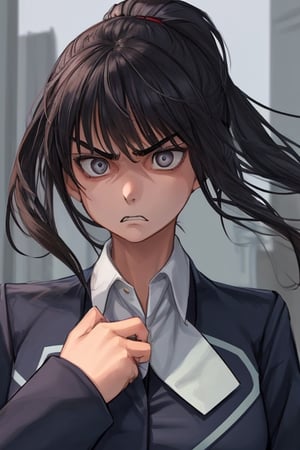 1 girl, student uniform, angry expression, close-up of upper body,