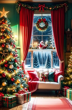 Christmas tea, window overlooking a magical forest, curtains on the window, magic, Christmas background, Mysterious, Mysterious,Christmas Room,Santa Claus