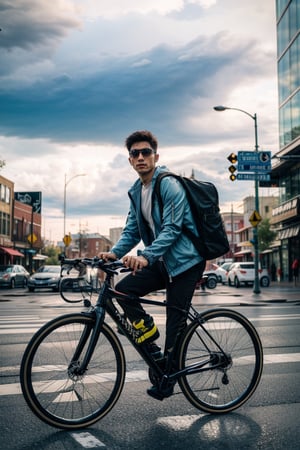 (best quality,8K,highres,masterpiece), ultra-detailed, (photo-realistic, lifelike)
Realistic, dynamic light,

It's raining heavily and the clouds are gathering, daytime,

A man, british face, wear black zipper jacket, light blue shirt, tie, dark blue trousers, yellow leather shoes, carrying a business backpack, riding a bicycle across the road, big city, main road,

full-body shot,
Super wide-angle distant photos,

The cinematic lighting adds depth and character to this outdoor photo-realistic masterpiece.