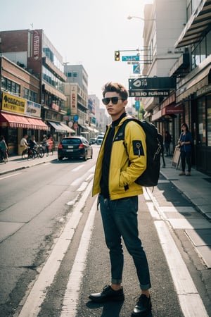 (best quality,8K,highres,masterpiece), ultra-detailed, (photo-realistic, lifelike)
Realistic, dynamic light,

A European male with brown hair and blue eyes, wearing a shirt and jacket,  british face, shirt, tie, trousers, yellow leather shoes, carrying a business backpack, road, big city, main road,
full body standing pose, sunglasses,
full-body shot,
Super wide-angle distant photos,

The cinematic lighting adds depth and character to this outdoor photo-realistic masterpiece.,bamby