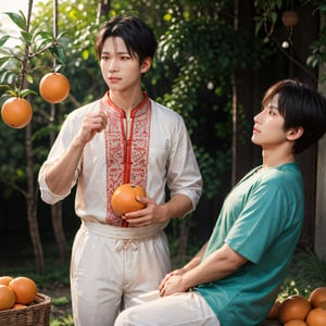Dynamic light, realism, ultra-high quality,
1 boy, 1 girl, peasant clothes, orange grove,
In the orange orchard, happy selling oranges,