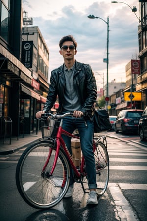 (best quality,8K,highres,masterpiece), ultra-detailed, (photo-realistic, lifelike)
Realistic, dynamic light,

On a cloudy day with drizzle,

A British man, black zipper jacket, light blue shirt, red and white twill tie, dark blue trousers, yellow leather shoes, carrying a business backpack, riding a bicycle across the road, big city, main road,

full-body shot,
Super wide-angle distant photos,

The cinematic lighting adds depth and character to this outdoor photo-realistic masterpiece.
