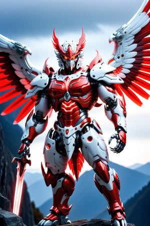 [a merger between a big winged garuda, cyborg face] and [a white and red lighting translucent phantom ] robo, stocky and strong body, big muscles,holding a sword in his right hand and a shield in his left, standing pose with his back to the camera on the top of a mountain, frostracetech,robot,more detail XL, humanoid cyborg style, framing: ground level,frontal,full_body,