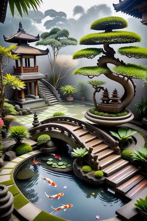 photography of a beautiful Balinese garden, there is a koi fish pond with a pond edge made of small stones, a very beautiful, complex bonsai, a curved staircase made of small colorful stones, a Balinese style carved wooden hall, Balinese style carvings