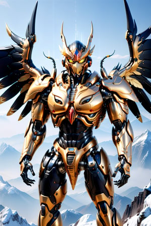 [a merger between a winged garuda, cyborg face] and [a black gold lighting translucent phantom ] robo, stocky and strong body, big muscles, standing on the top of a mountain, frostracetech,robot,more detail XL, humanoid cyborg style, framing: ground level,frontal,full_body,