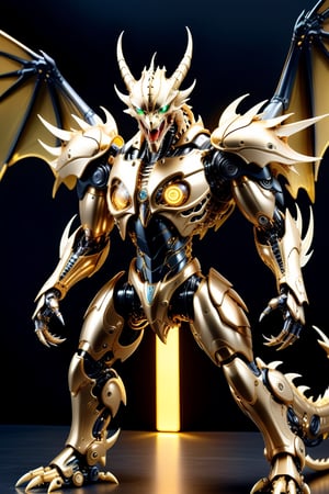 [a merger between a winged dragon] and [a gold black lighting translucent phantom ] robot,open mouth and Sharp teeth, stocky and strong body, big muscles, frostracetech,robot,more detail XL, humanoid cyborg style, framing: ground level angle,frontal