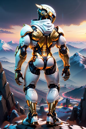[a merger between a cyber punk,cute face with white Hoodie] and [a black gold lighting translucent phantom ] robo, stocky and strong body, big muscles, standing pose with his back to the camera on the top of a mountain, frostracetech,robot,more detail XL, humanoid cyborg style, framing: ground level, full_body, chromatic neon,