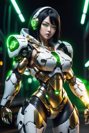 1girl, Beauty asian face, solo, looking at viewer, holding a gun in his right hand, black hair, hood, lips,cute chubby, bodysuit, glowing, ground vehicle, green eyes, motor vehicle, hood up, cyborg,phantom,gold and white lighting,robo, stocky and strong body, big muscles, standing pose on the top of a mountain, frostracetech,robot,more detail XL, humanoid cyborg style, framing: (knee level angle,lighting during the day), full_body, chromatic neon,