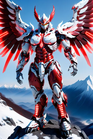 [a merger between a winged garuda, cyborg face] and [a white and red lighting translucent phantom ] robo, stocky and strong body, big muscles, standing pose with his back to the camera on the top of a mountain, frostracetech,robot,more detail XL, humanoid cyborg style, framing: ground level,frontal,full_body,