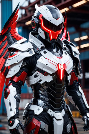 masterpiece, best quality, 1boy 37 yo, angel amor big wings, dynamic pose in shipyard, black hair short hair one side up, robot eyes, black eyes, red white lightning armor , right hand holding the helmet, CyberskullAI ,cyborg style, cyberpunk,16k, UHD,realistic,neon, knee level angle