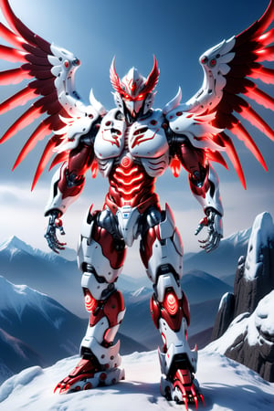 [a merger between a winged garuda, cyborg face] and [a white and red lighting translucent phantom ] robo, stocky and strong body, big muscles, standing pose with his back to the camera on the top of a mountain, frostracetech,robot,more detail XL, humanoid cyborg style, framing: ground level,frontal,full_body,