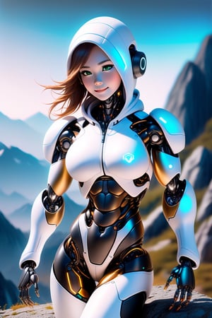 [a merger between a girl smiling,cute face with white Hoodie] and [a black gold lighting translucent phantom ] robo, stocky and strong body, big muscles, standing pose on the top of a mountain, frostracetech,robot,more detail XL, humanoid cyborg style, framing: ground level, full_body, chromatic neon,