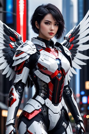 masterpiece, best quality, 1 30 year old girl, big wings of amor god,close up, black hair, short hair one side facing up, future city background, robot eyes, black eyes,shiny white and red color armor, leging,CyberskullAI,cyborg style,16k,UHD,realistic,artistic futuristic,neon,framing : (close up),frontal,looking_at_viewer,focus on face