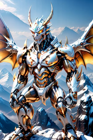 [a merger between a winged dragon, cyborg face] and [a white gold lighting translucent phantom ] robo, stocky and strong body, big muscles, standing on the top of a mountain, frostracetech,robot,more detail XL, humanoid cyborg style, framing: ground level,frontal,full_body,