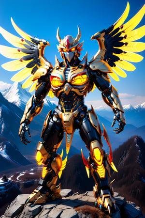 [a merger between a winged garuda, cyborg face] and [a black gold lighting translucent phantom ] robo, stocky and strong body, big muscles, standing on the top of a mountain, frostracetech,robot,more detail XL, humanoid cyborg style, framing: ground level,back_pose,full_body, chromatic neon,pose with your back to the camera