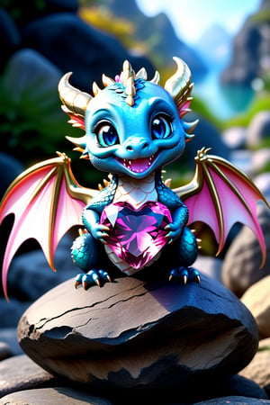photography full body of a baby dragon, solo, adorable and sincere face shape, big eyes,chubby,shows a large pink heart-shaped gemstone, sitting on a rock, held in two hands to the viewer, standing on a rock with a shape and color like a lotus flower, smile looking at viewer, blue eyes, jewelry, no humans, black background, gem, claws, animal focus, gold,more detail XL,Extremely Realistic,uhd,8k,real life, chromatic_aberration, chromatic neon, cinematic, lighting, full body,baby face smiled,close mouth,balanced wings