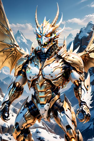 [a merger between a winged dragon, cyborg face] and [a gold white lighting translucent phantom ] robot,open mouth and Sharp teeth, stocky and strong body, big muscles, standing on the top of a mountain, frostracetech,robot,more detail XL, humanoid cyborg style, framing: ground level,frontal,full_body,
