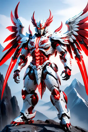 [a merger between a big winged garuda, cyborg face] and [a white and red lighting translucent phantom ] robo, stocky and strong body, big muscles,holding a sword in his right hand, standing pose with his back to the camera on the top of a mountain, frostracetech,robot,more detail XL, humanoid cyborg style, framing: ground level,frontal,full_body,