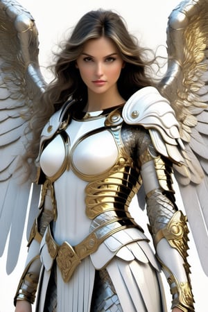 Generate hyper realistic image of a white angel with onyx wings, solo, cute girl, knight outfit, armor the goddess of love,gold and silver carved armor, Fractal,black  long hair, battle, faithing, enemy, ruins, (masterpiece), (best quality), (ultra-detailed), (an extremely delicate and beautiful), ((textile shading)), (caustics), (((sharp focus))), hasselblad camera,neon