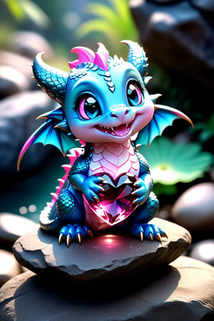 photography full body of a baby dragon, solo, adorable and sincere face shape, downy, big eyes,chubby,shows a large pink heart-shaped gemstone, sitting on a rock, held in two hands to the viewer, standing on a rock with a shape and color like a lotus flower, smile looking at viewer, blue eyes, jewelry, no humans, black background, gem, claws, animal focus, gold,more detail XL,Extremely Realistic,uhd,8k,real life, chromatic_aberration, chromatic neon, cinematic, lighting, full body,close up,baby face smiled,close mouth,balanced wings